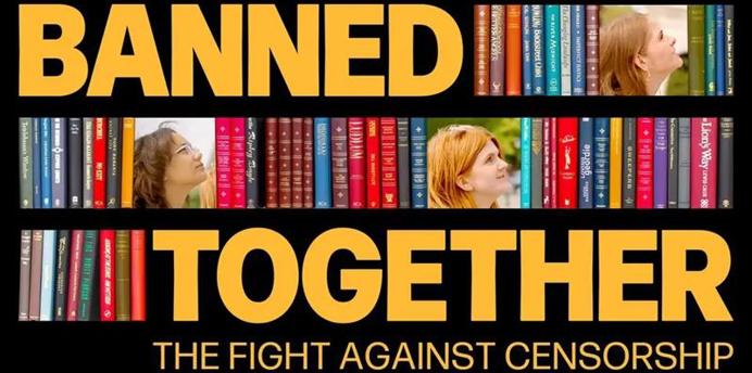 Graphic featuring rows of colourful book spines arranged like shelves. Large bold yellow text reads “BANNED TOGETHER” across the top and “TOGETHER” across the bottom. Smaller text underneath reads “THE FIGHT AGAINST CENSORSHIP”. Two people are partially visible between the books, looking upward. The background is black.