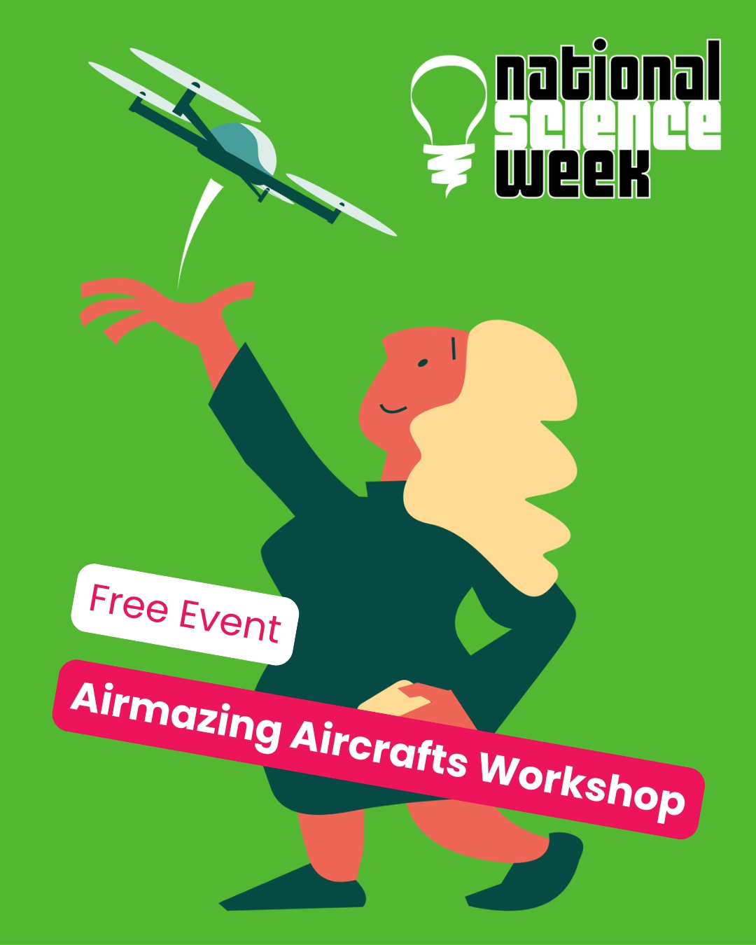 A banner promoting the free "Airmazing Aircrafts" workshop for kids aged 5-12 during National Science week