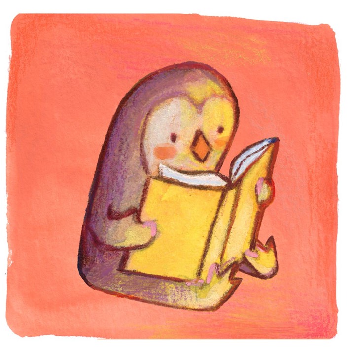 The character Brunhilda, a cartoon bird that is one of the mascots of Children's Book Week 2026, sitting and reading a yellow book against a warm orange background.