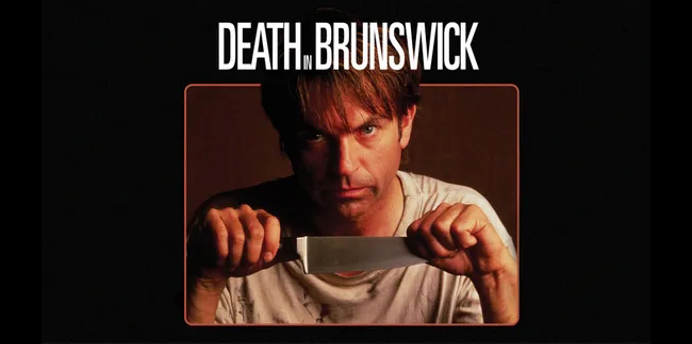 Movie poster for Death in Brunswick featuring Sam Neill holding a large kitchen knife, with the film title displayed above